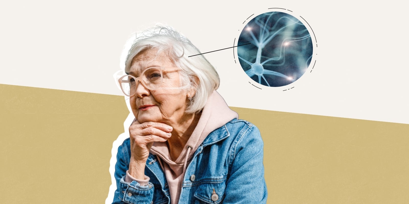 Photo of an older woman with bubble over her head thinking about brain cells 
