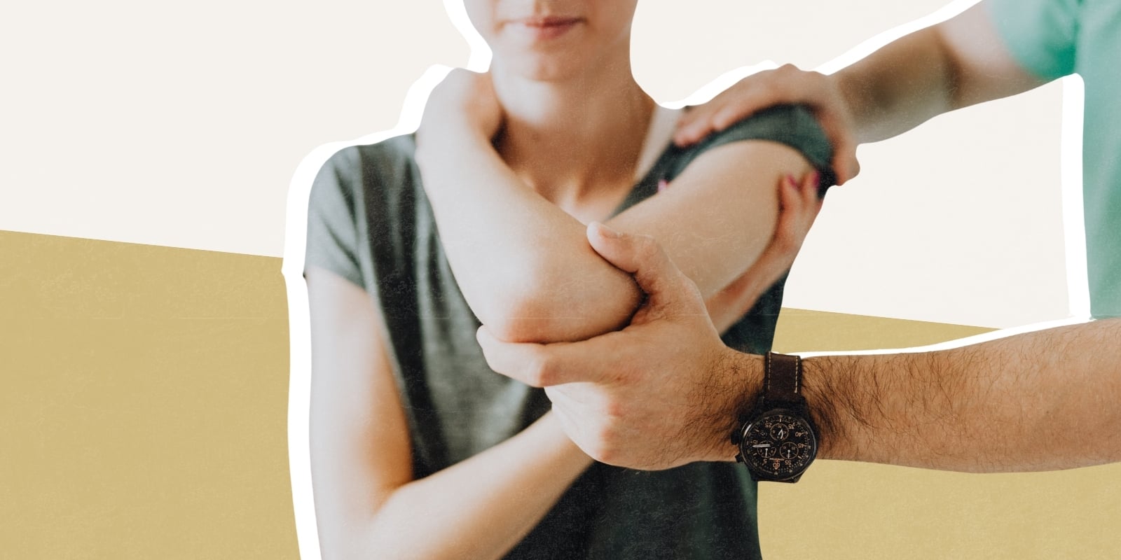 Photo of person holding his elbow up as if in pain 
