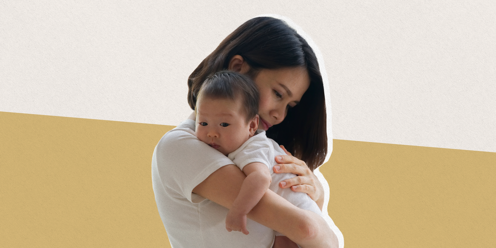 Mother and child in front of gold and white background