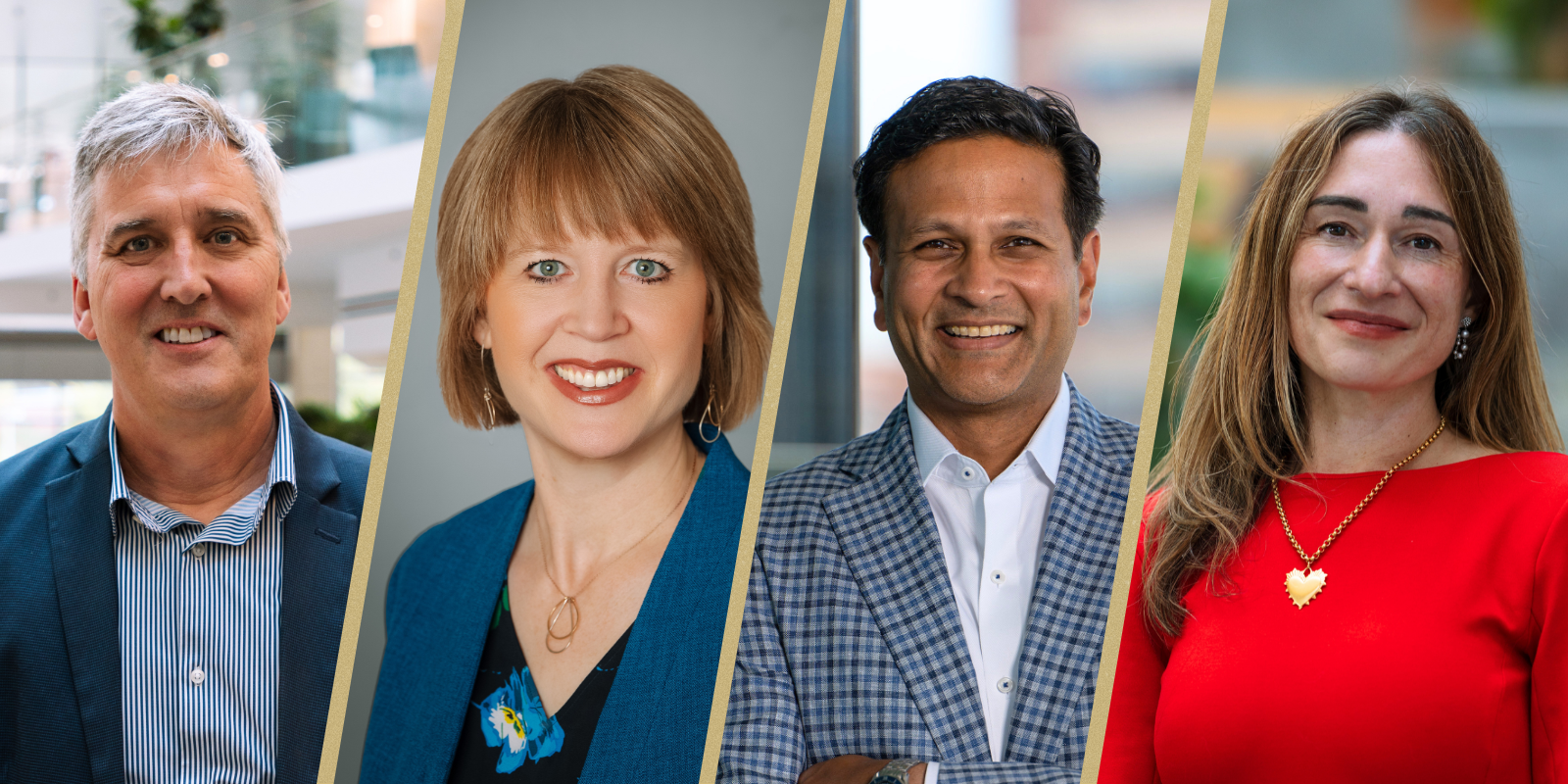 Side by side portraits of each faculty member separated by wide, gold lines, from left to right: Matthew Wynia, Lauren S. Hughes, Vik Bebarta and Lilia Cervantes.