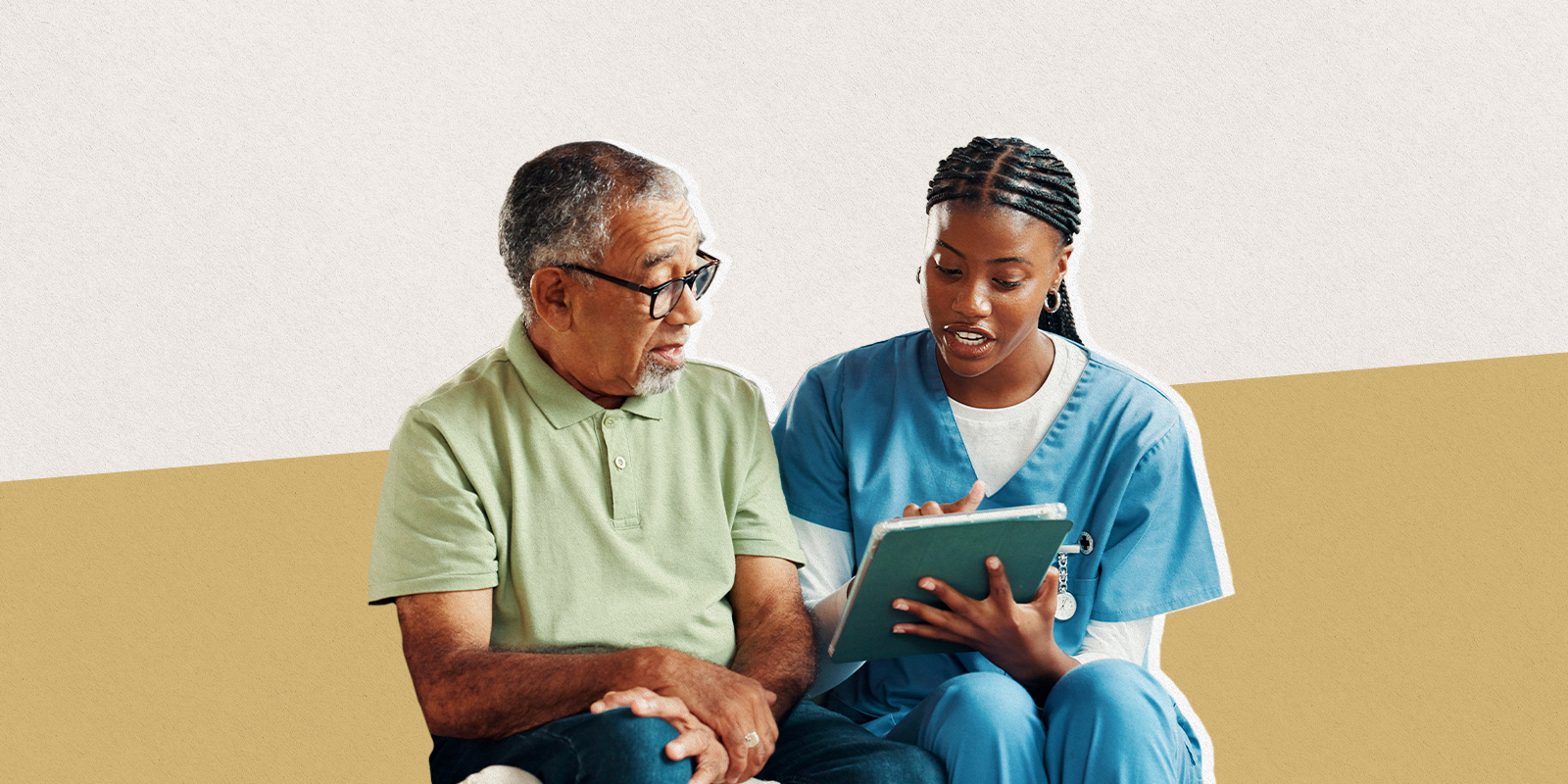 An older man looking at a clipboard with a nurse