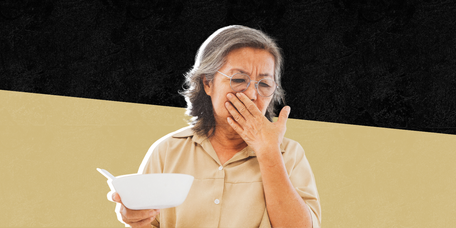 Photo of woman with a cereal bowl touching her hand to her mouth 