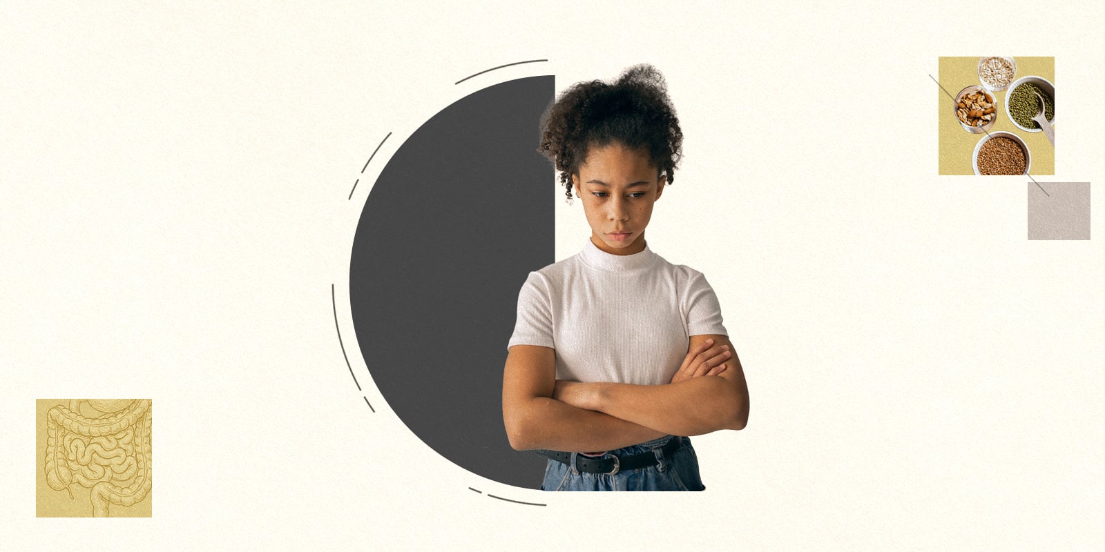 A teenager stands, arms folded, against a stylized black, gold and white background, images depicting grains and the digestive system are in the top right and bottom left corners respectively. 