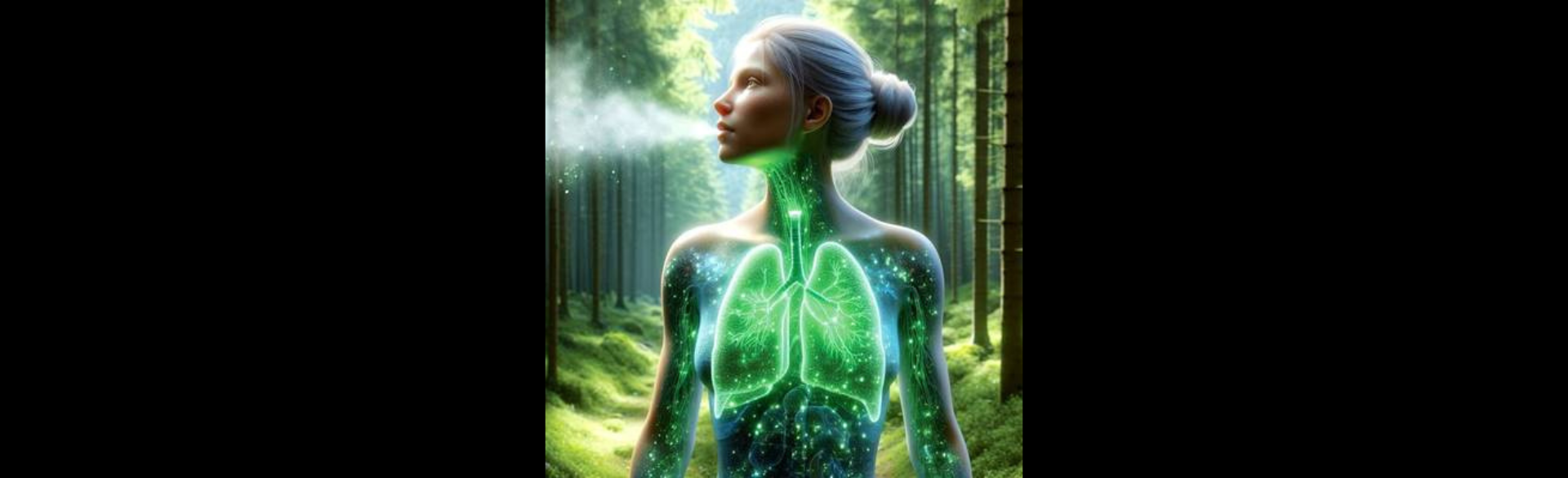 Image of a glowing green woman in a forest. 