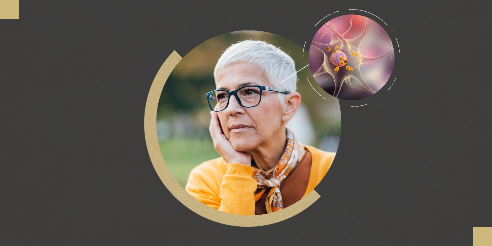 An older individual in a yellow sweater holds their cheek in their hand. A stylized bubble pops out from next to hear to show a neuron affected with Lewy body.