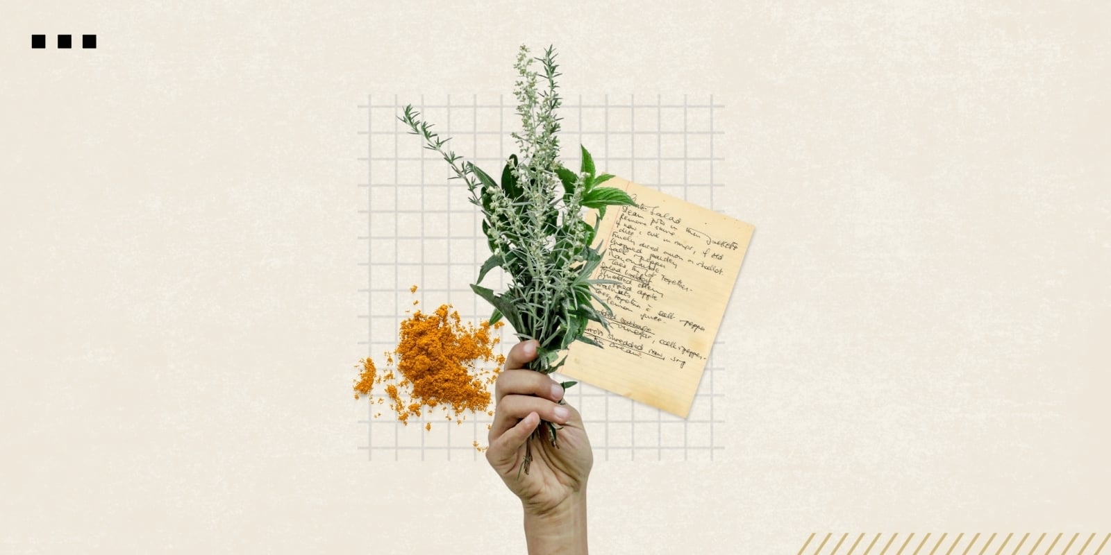 Photo: news.cuanschutz.edu A hand holds a bundle of herbs, next to a small amount of ground turmeric and a grocery list, with a stylized grid backdrop