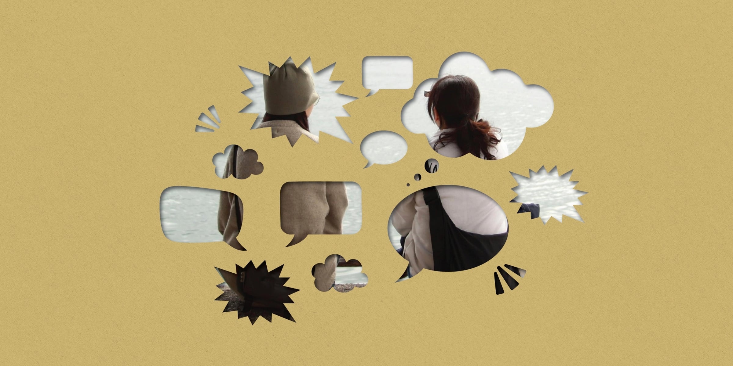 A pair sit side by side, with their backs to the camera. The image is layered with solid gold and cutouts of different kids of speech bubbles show the image behind.