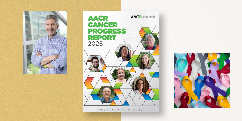 Photo illustration featuring the cover of the AACR Cancer Progress Report and a portrait of James DeGregori, PhD.