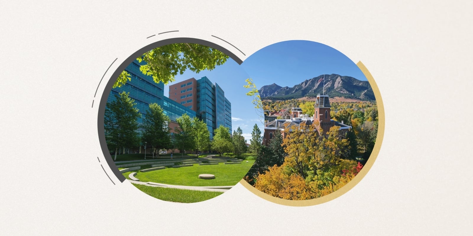 Stylized graphic showing photos of CU Anschutz and CU Boulder campuses.