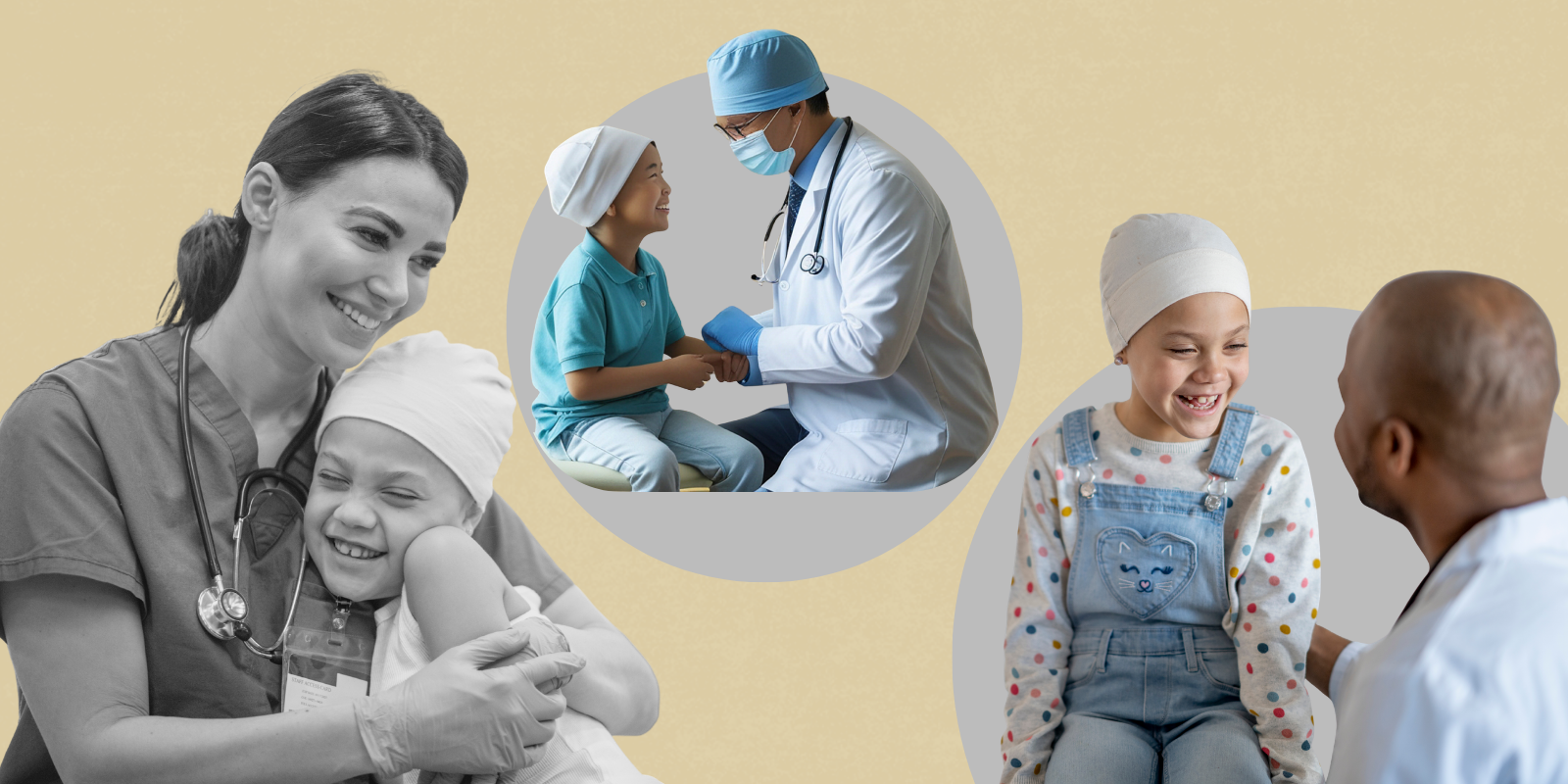 Collection of young, upbeat cancer patients with their doctors