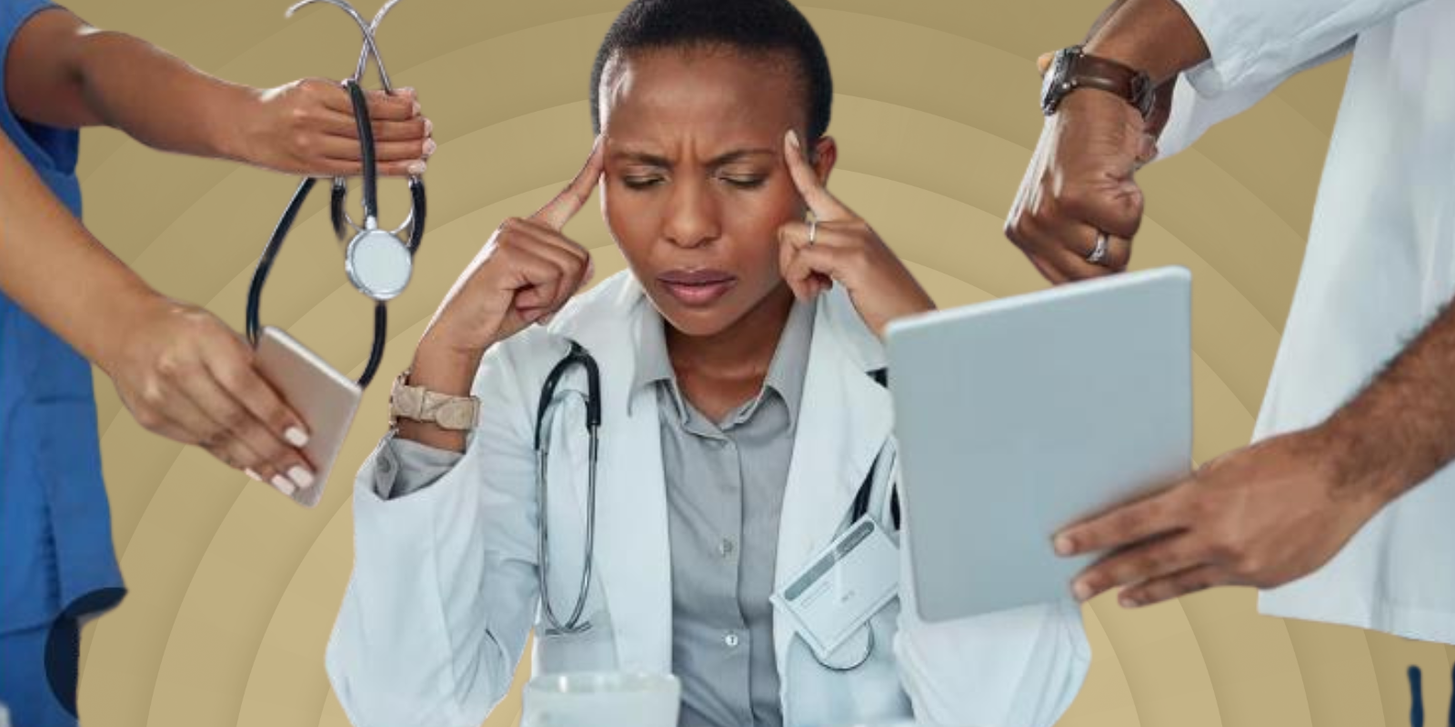 Stressed out doctor overwhelmed by requests tries to cope