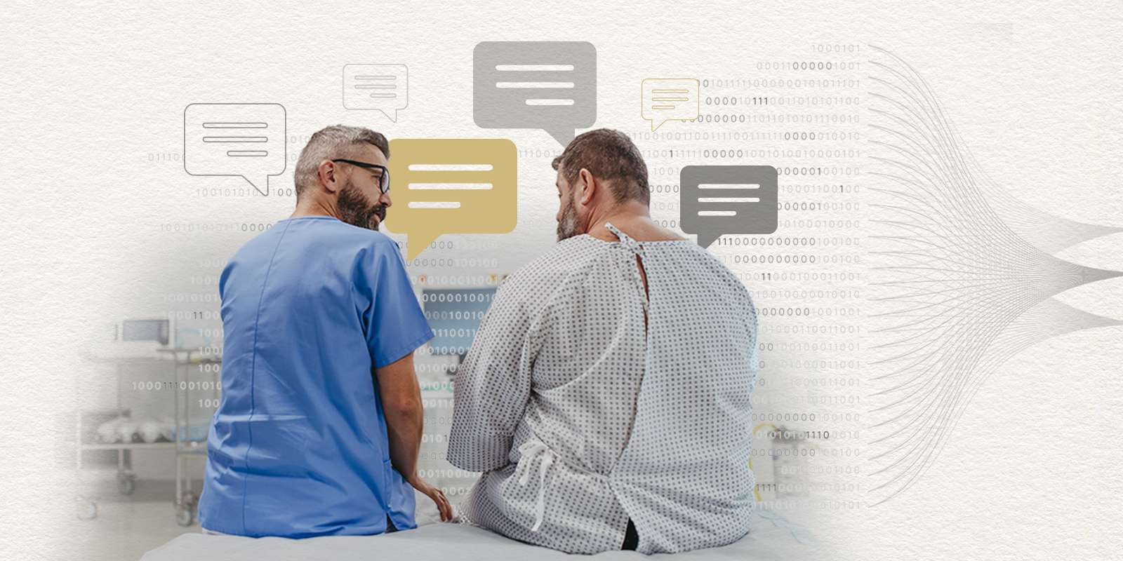 An illustration featuring a doctor, a patient, and an ambient AI notetaking system.