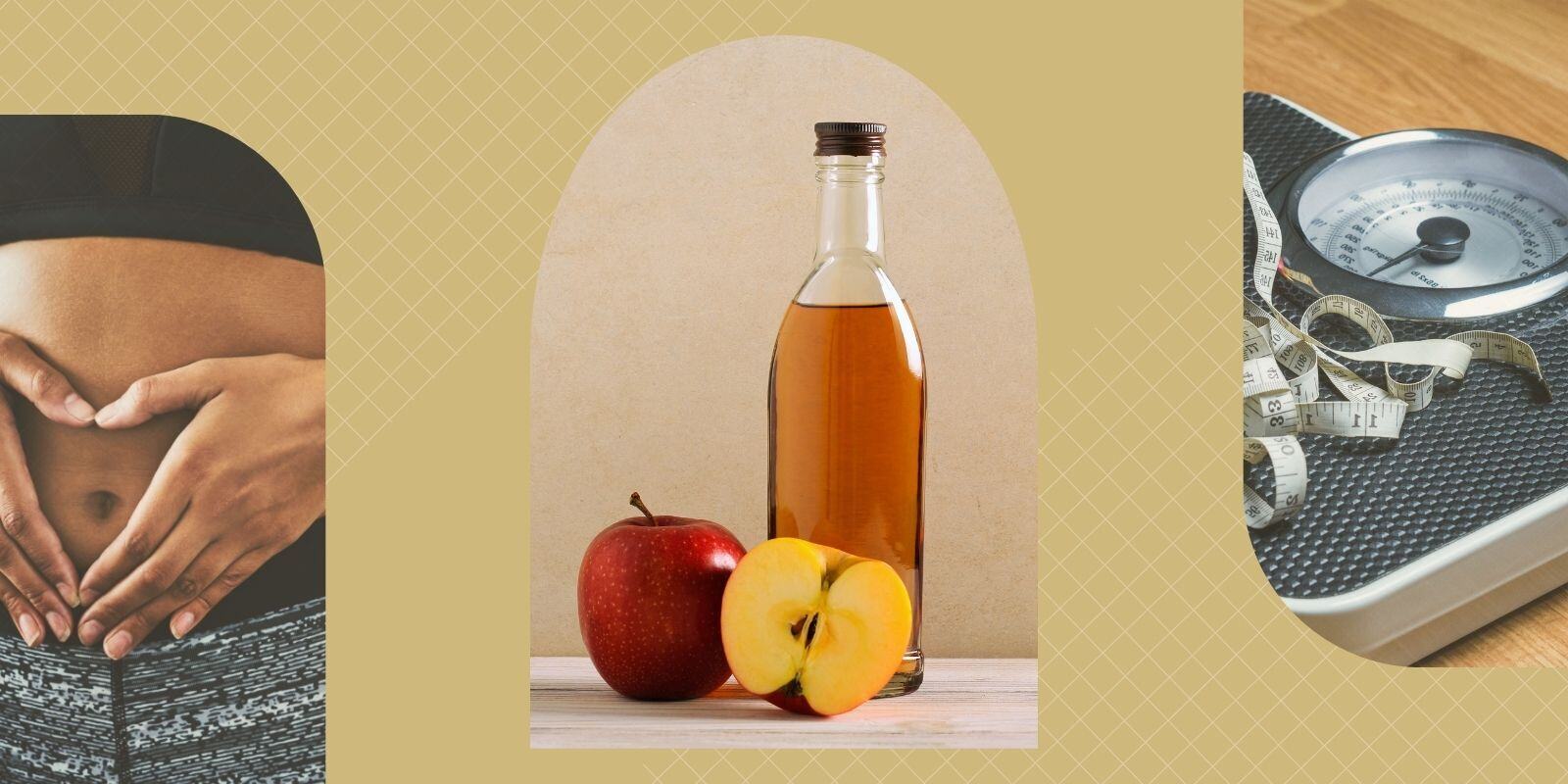 Graphic image shows a belly, a bottle of vinegar behind two apples and a scale with a measuring tape on it