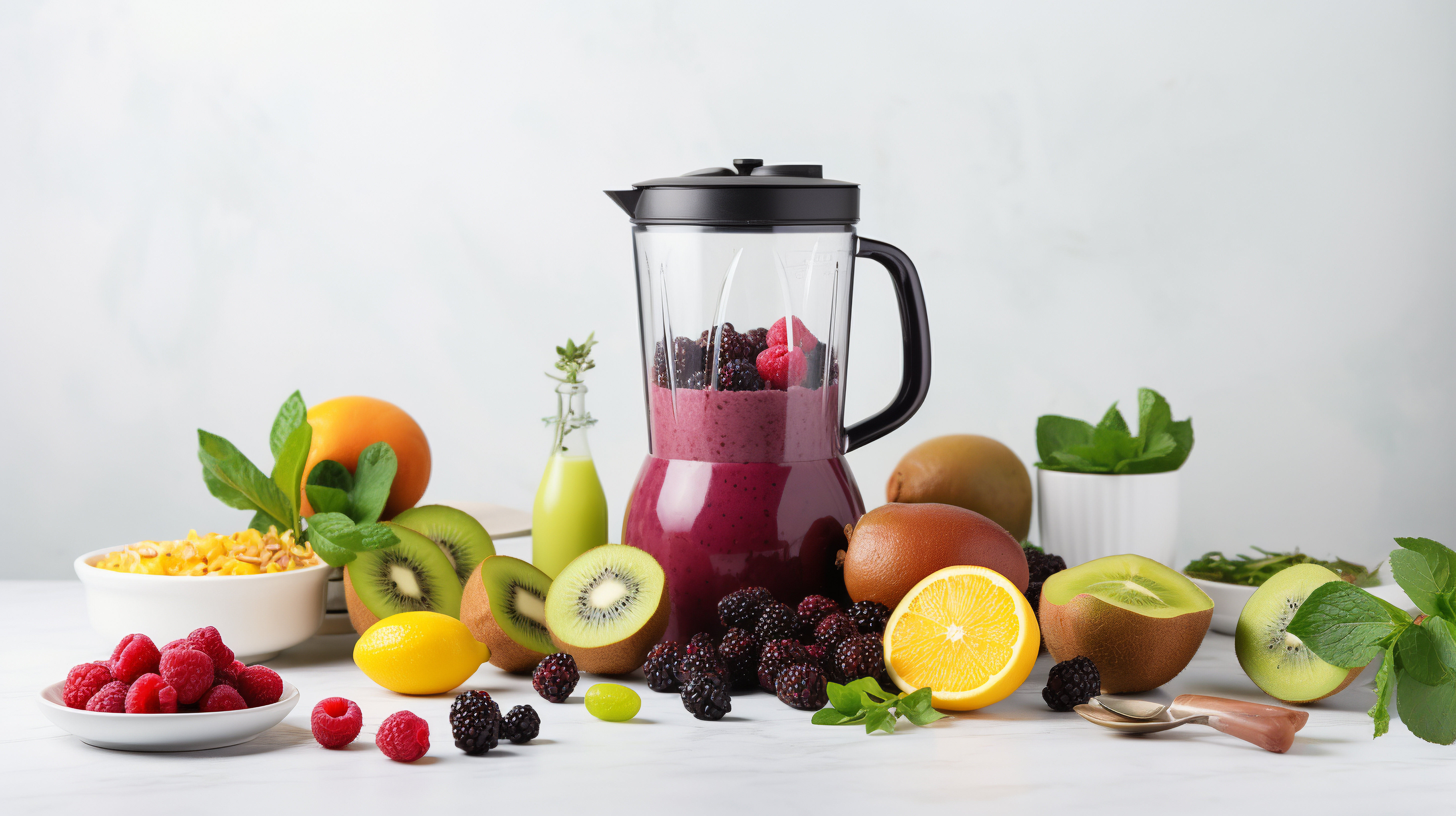 Fruits and vegetables surrounding a blender