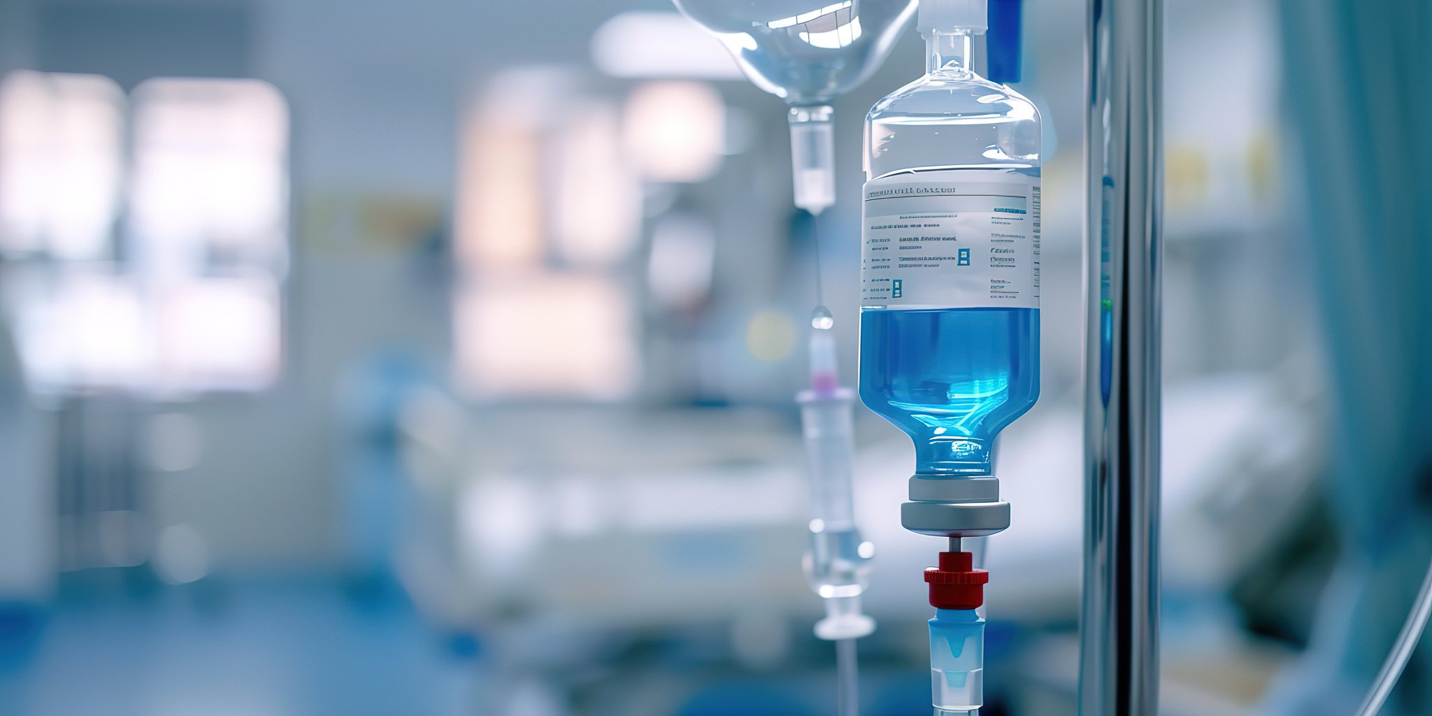 IV bag with blue liquid in it next to a hospital bed in an ICU setting