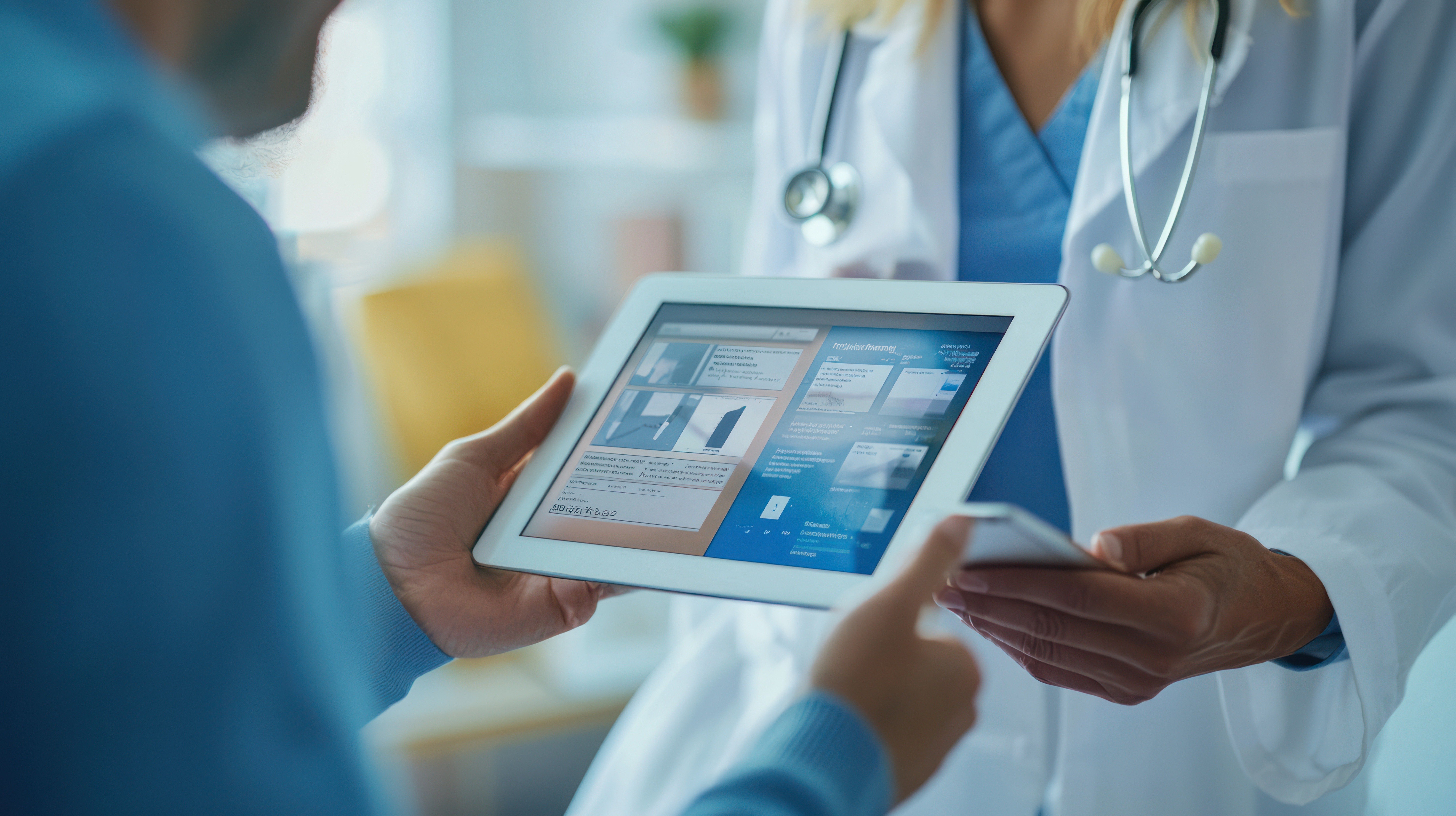 Hands holding ipad with doctor in background