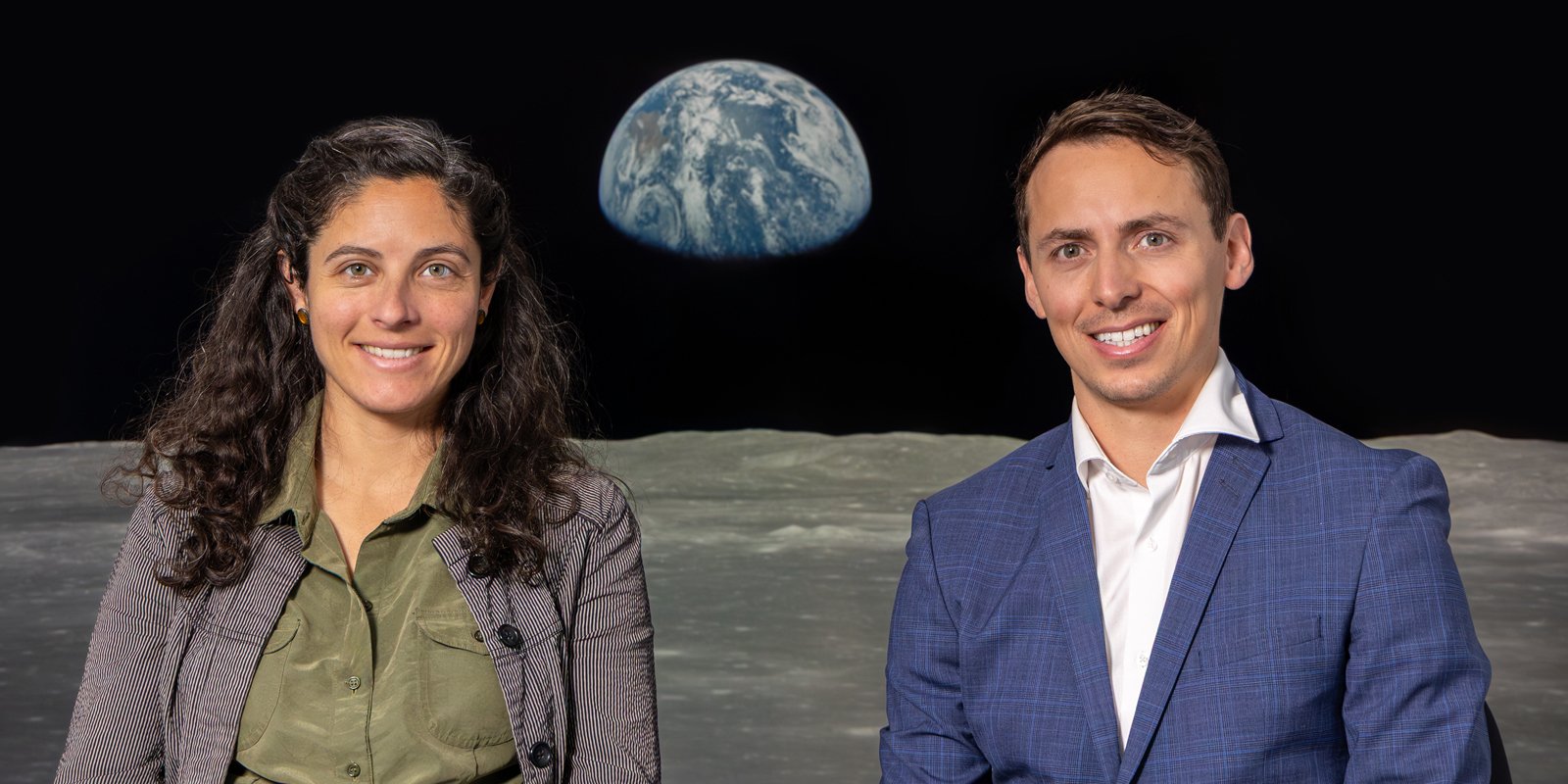 Stylized graphic of professors Katya Arquilla and Arian Anderson with the surface of moon and Earth in the background. 