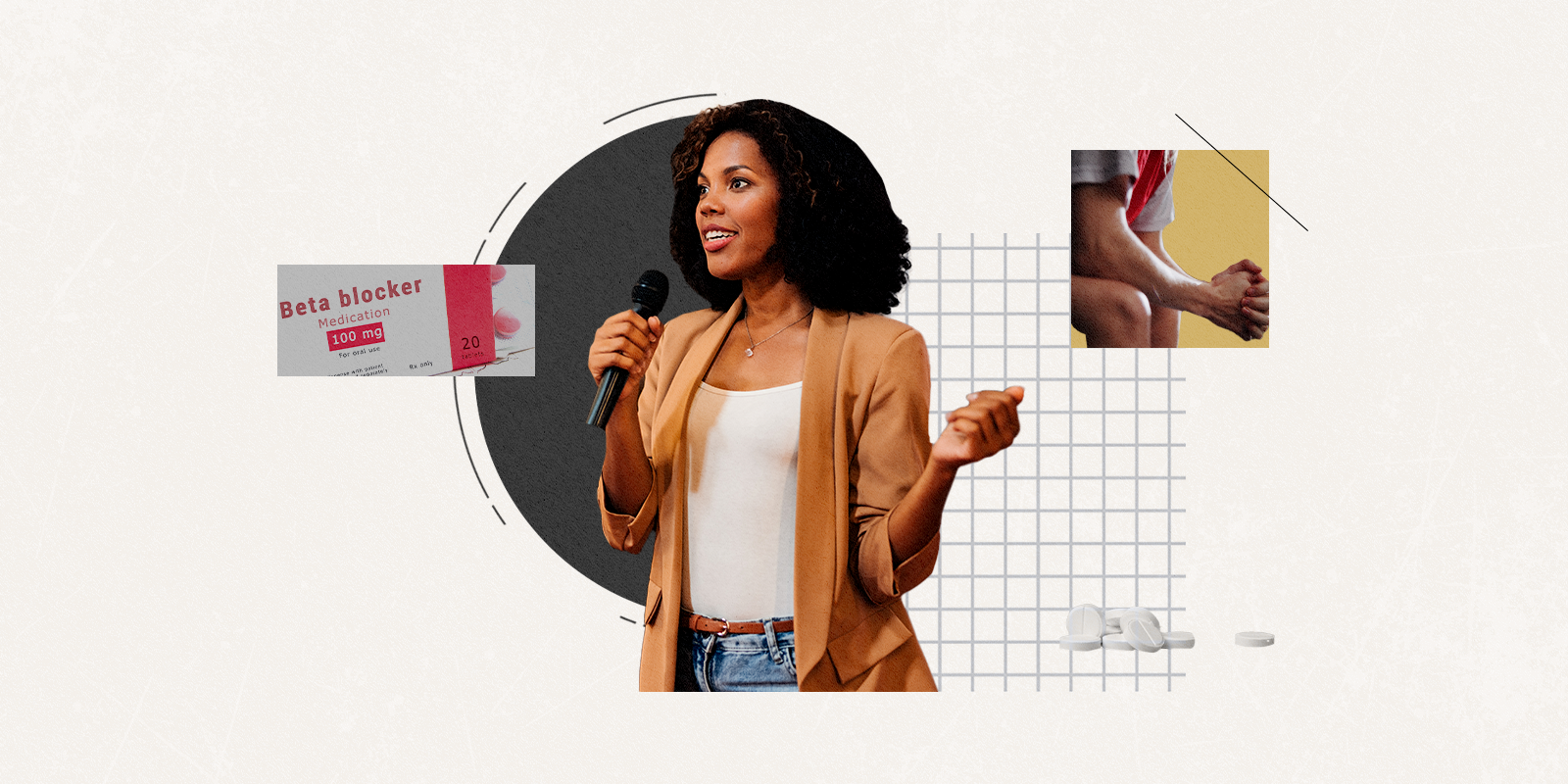 Cut-out of a woman standing center speaking with a microphone circled by a perscription box of beta blockers, a closeup of a person sitting with hands tighltly clenched and a pile of pills.