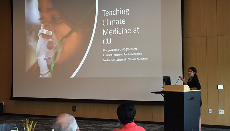 Bhargavi Chekuri, MD, gives a presentation on teaching climate medicine at CU in 2022.