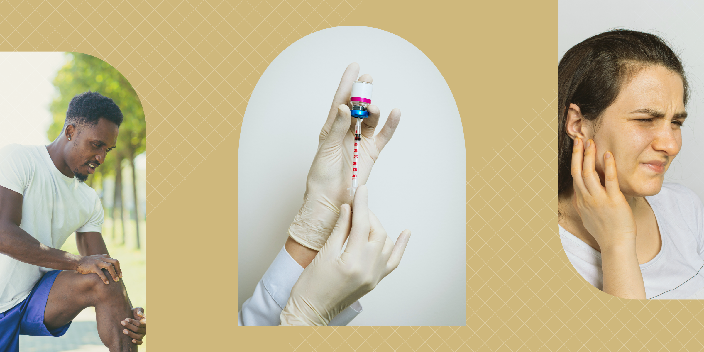 A runner grabbing his knee in pain, a white gloved hand prepping a Botox shot and a woman holding her hand to her jaw grimacing in pain