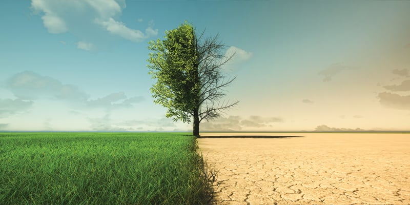 view of climate health with green grass and desert land