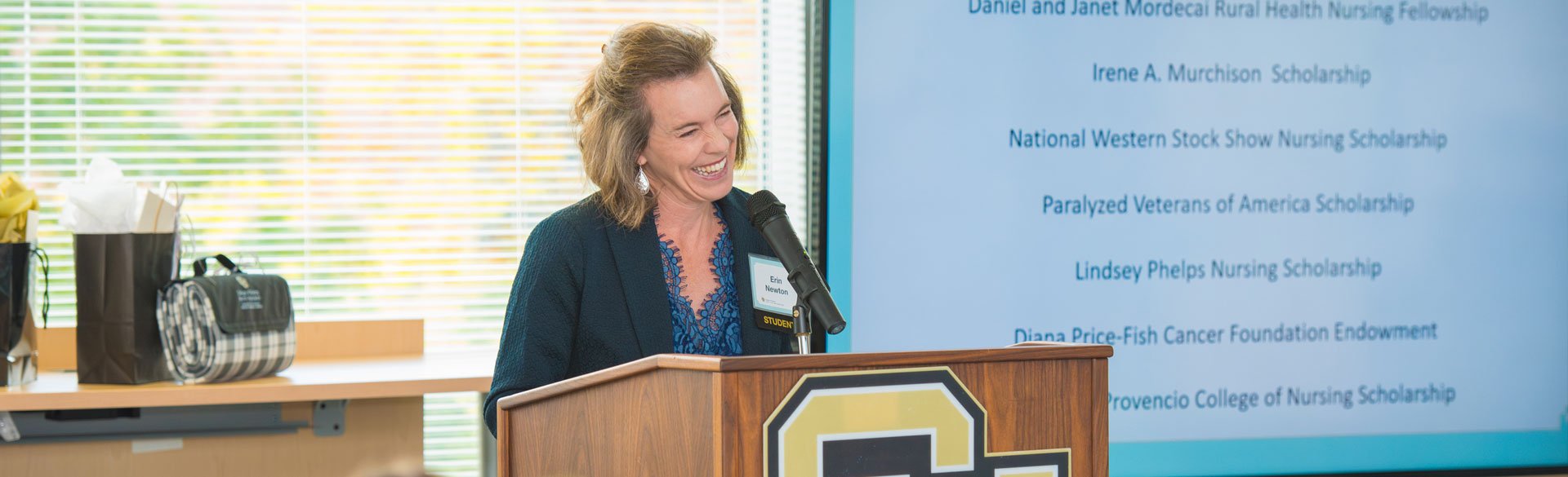 CU Nursing student Erin Newton speaks at recent scholarship reception.