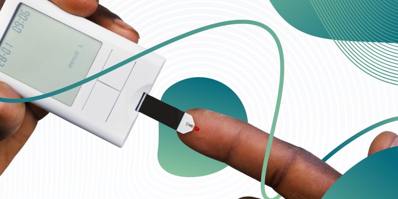 Finger tested by diabetes machine with blue and teal elements