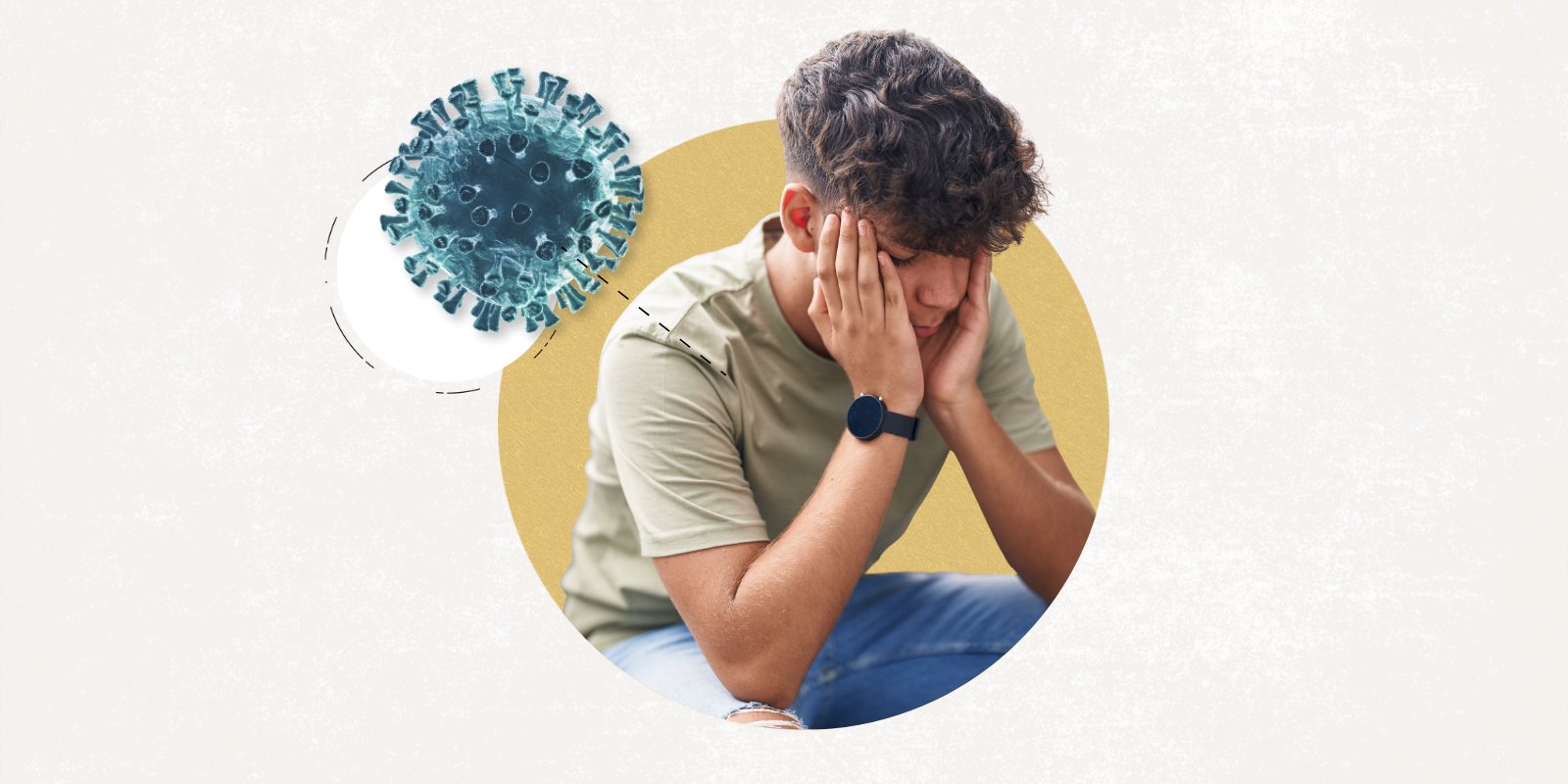 A young man in jeans and T-shirt sits hunched over cradling his face in his hands, a coronavirus superimposed overhead