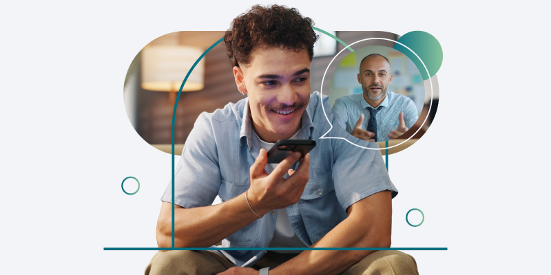 Man talking to Ai Avatar over the phone collaged in a teal design