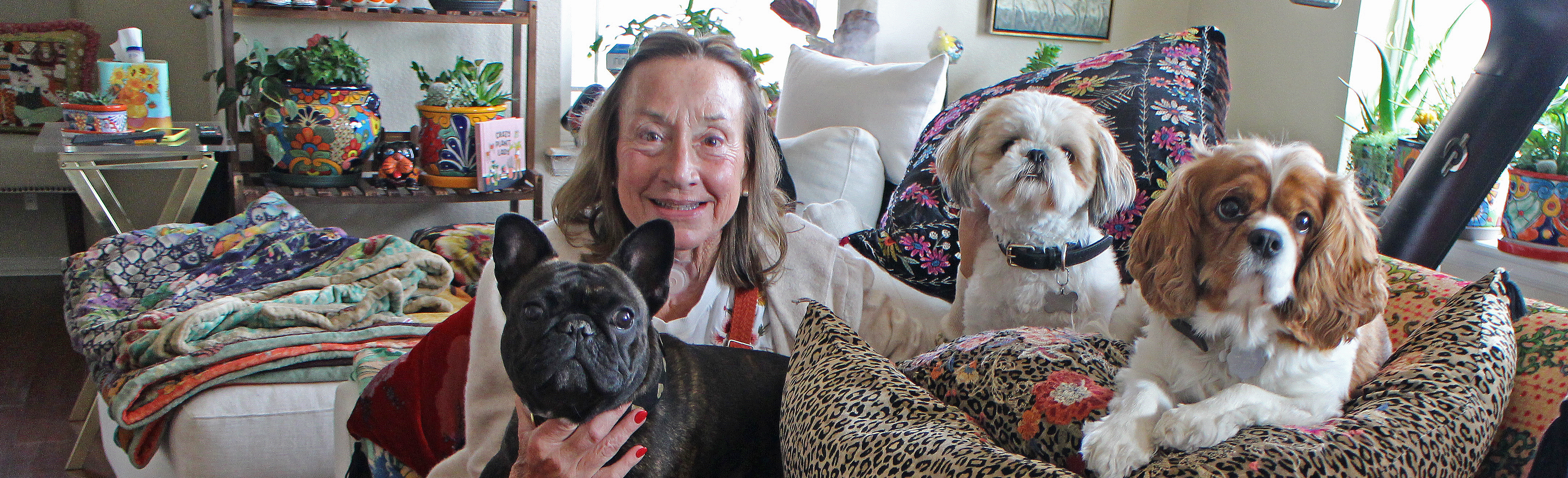 Jane Hart in her Denver home with three of her dogs