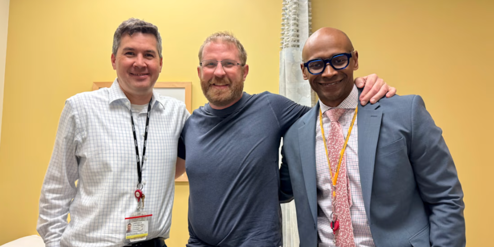 spine tumor patient Andy Haffele with providers John Berry-Candelario, MD and Lawrence Cloutier, PA-C | University of Colorado Anschutz Cancer Center