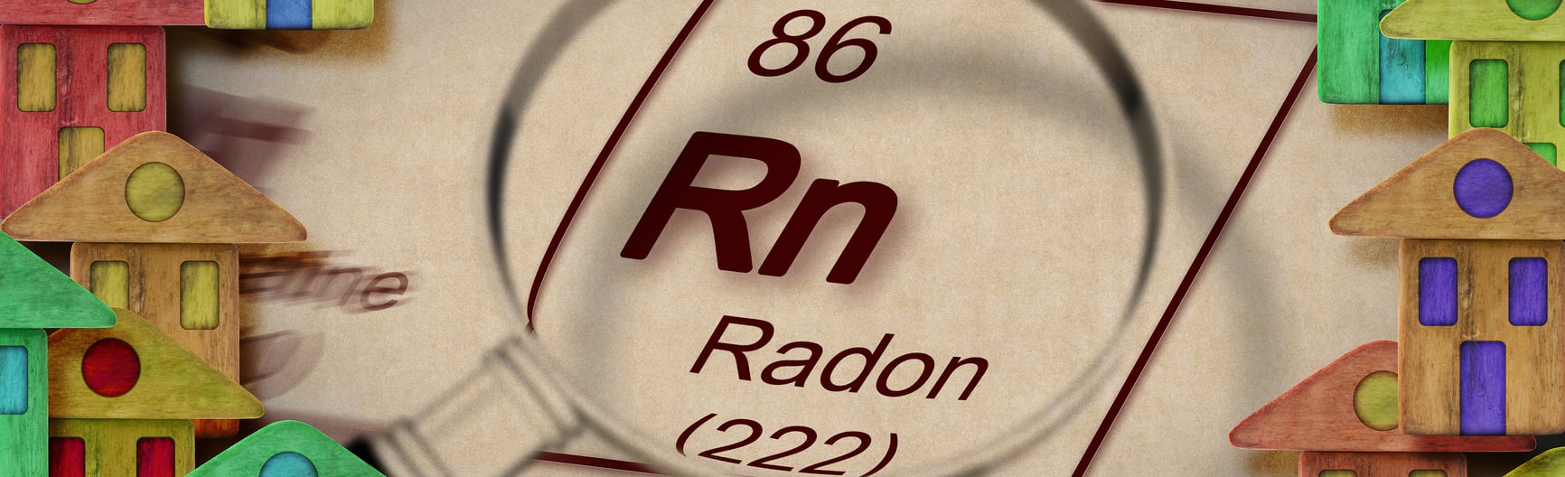 Illustration of radon on periodic table with magnifying glass