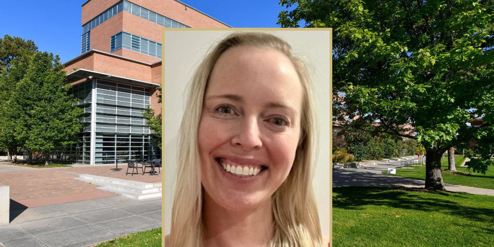 Headshot of Allison Kessler against backdrop of summer campus