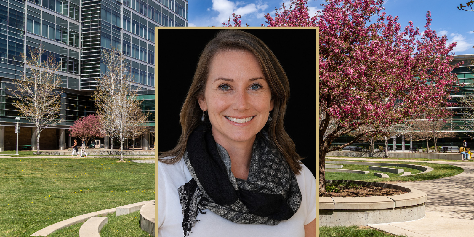 Headshot of Amanda Allshaus against Campus View.