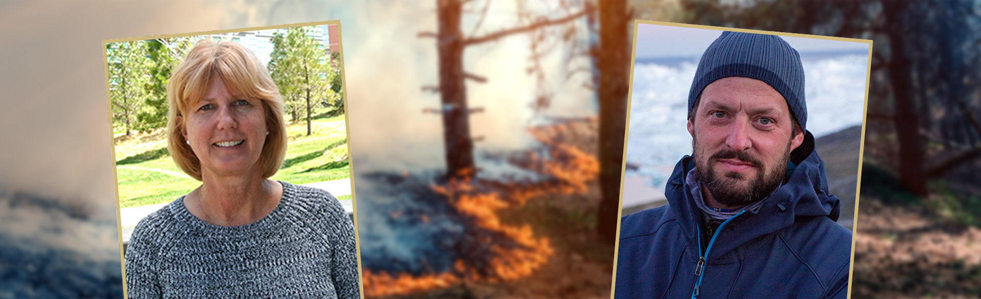 Rochford and Lemery headshots with forest fire background