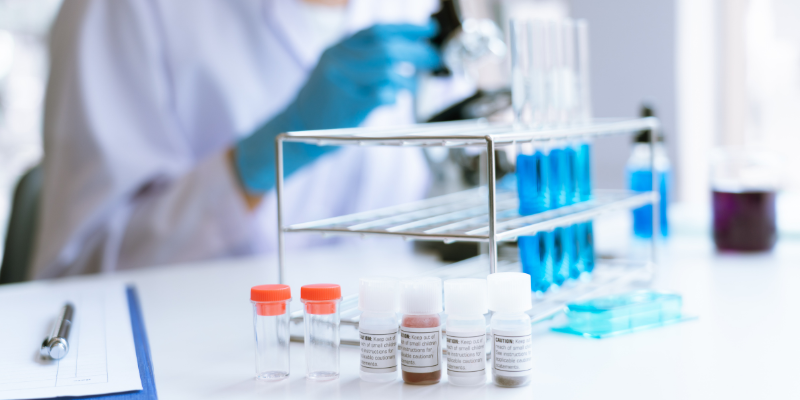 Tubes and liquids being tested in a lab.