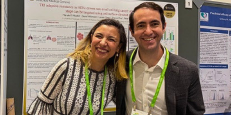  Kyle Concannon, MD, and&nbsp;Manale El Kharbili, PhD, pose with their research poster at the annual meeting of the American Association for Cancer Research.&nbsp;