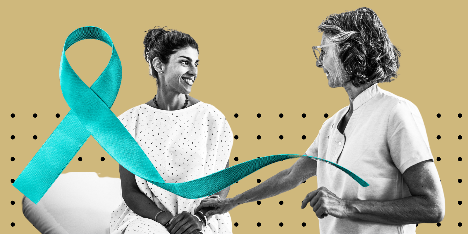 An illustration featuring a cervical cancer ribbon and a patient meeting with a provider.