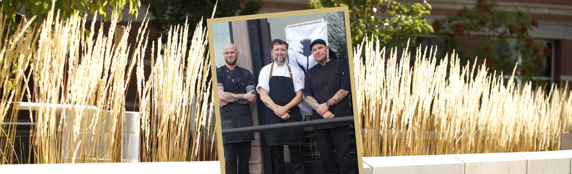 framed image of three men in aprons standing with arms crossed, overlaid on image of ornamental grasses