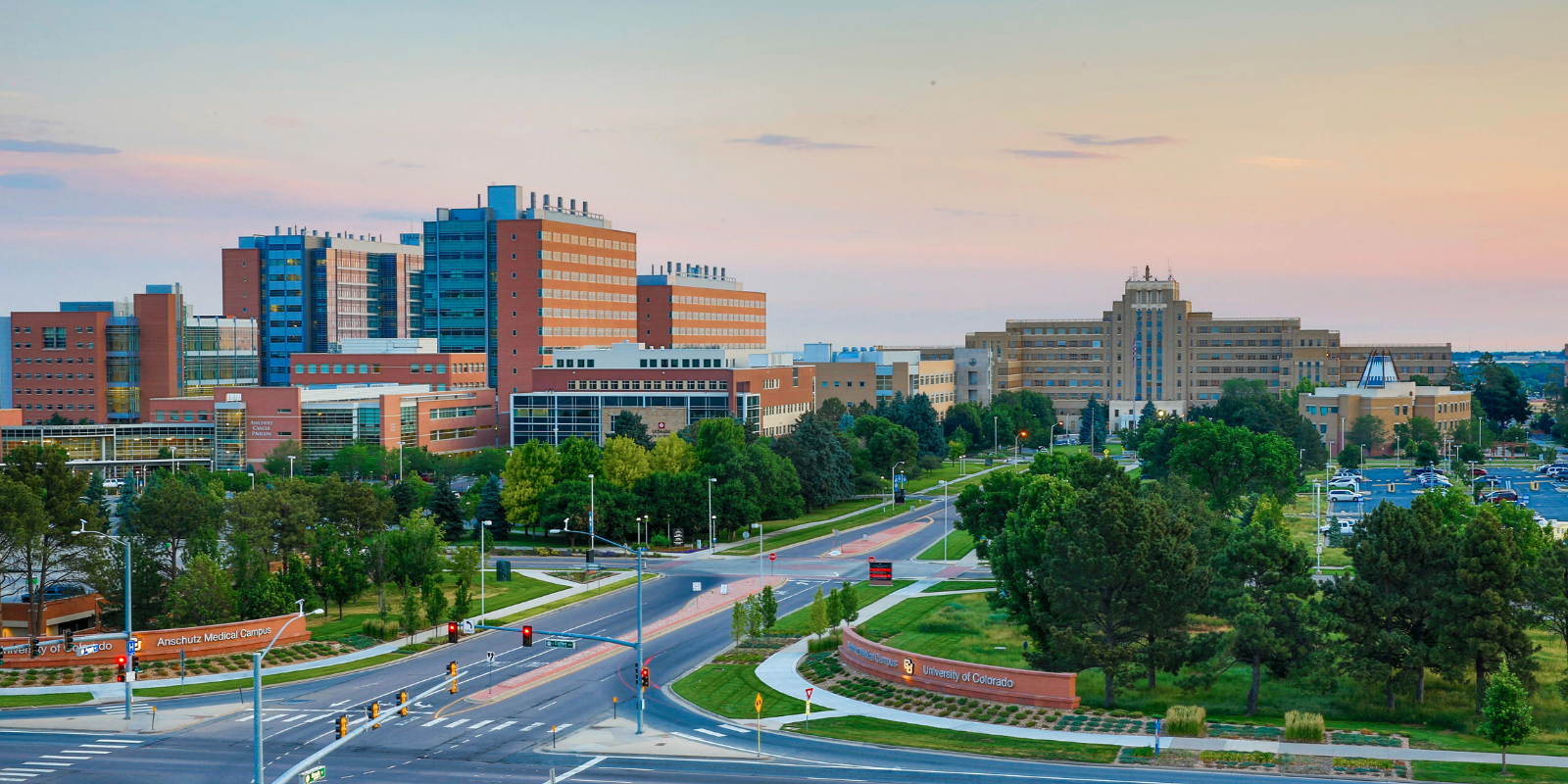 A view of the CU Anschutz campus from the Colfax entrance, looking north. 