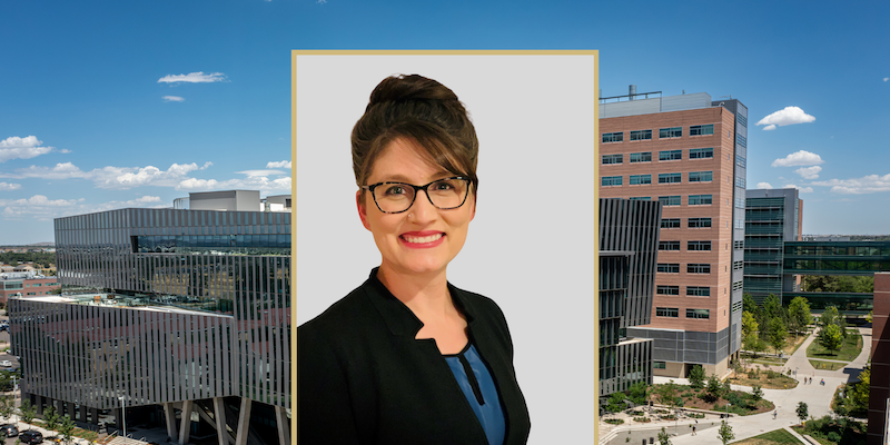 A headshot of Ruby Savage overlayed on an image of CU Anschutz Medical Campus