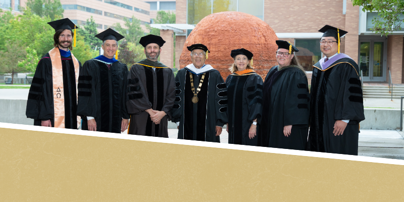 from left, Alex Kaizer, PhD, Chad Pearson, PhD, Matthew Rustici, MD, Chancellor Don Elliman, Jennifer Disabato, DNP, CPNP PC, AC, Meghan Jeffres, PharmD, and Petros Yoon, DDS.