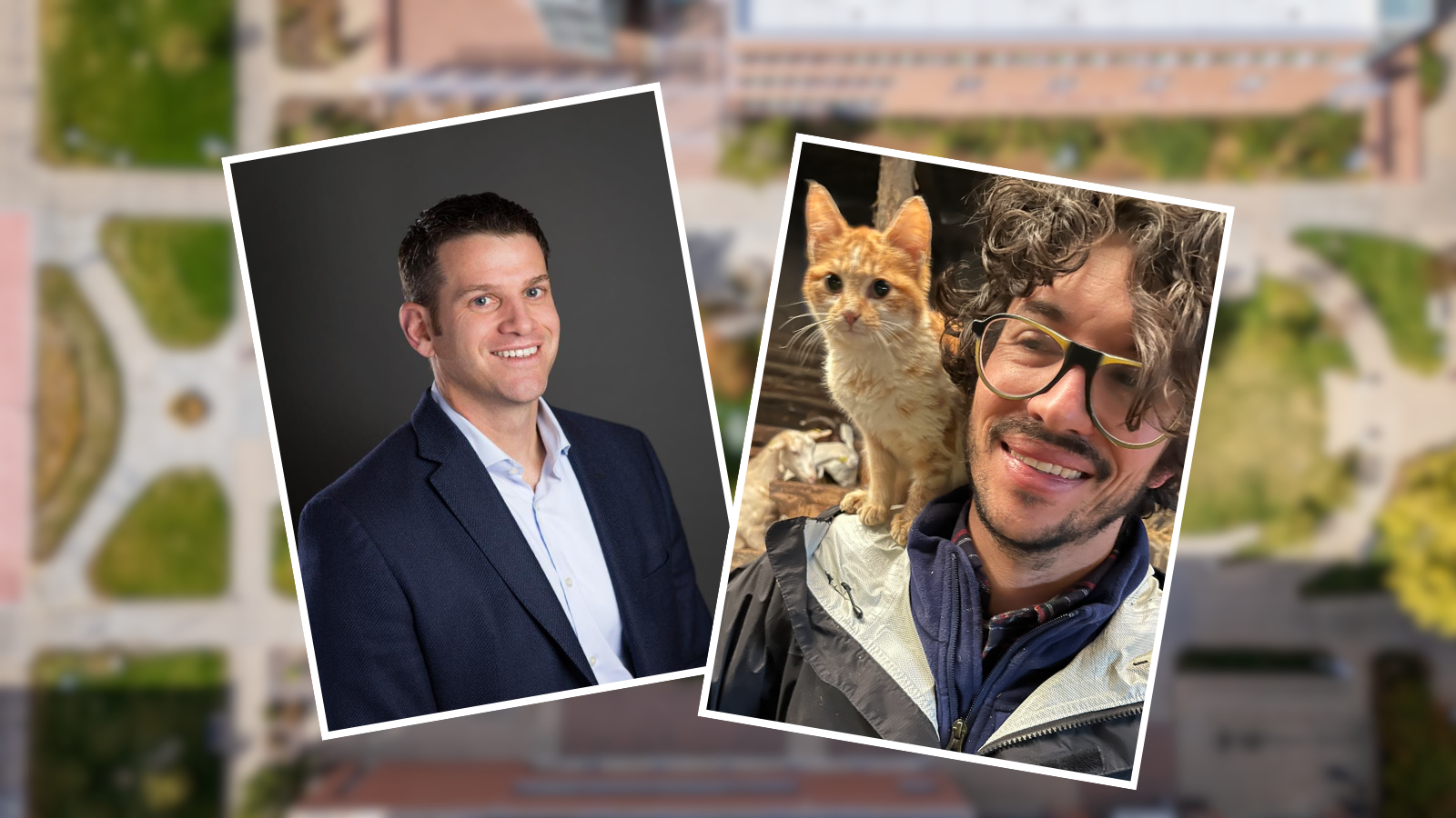 Blurred Campus Photo with headshots of Michael Rosenberg, MD, and Zach Kilpatrick, PhD