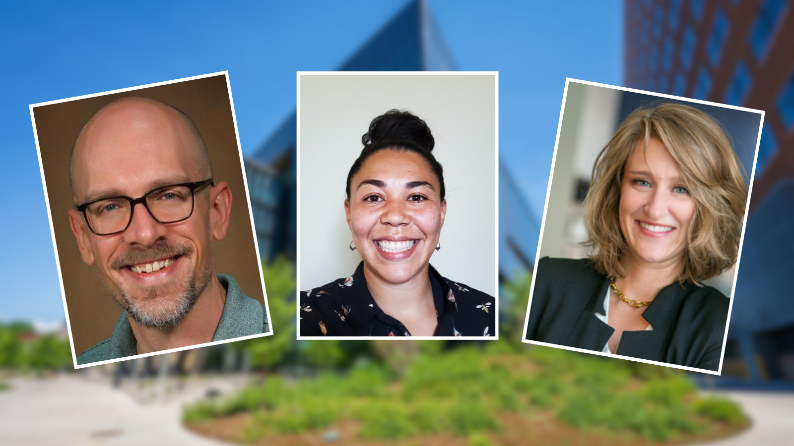 Headshots of Dave Bunten, Jazlyn Mooney, PhD, and Samantha Stonbraker, PhD, with a blurred image of the Anschutz Health Sciences Building behind them