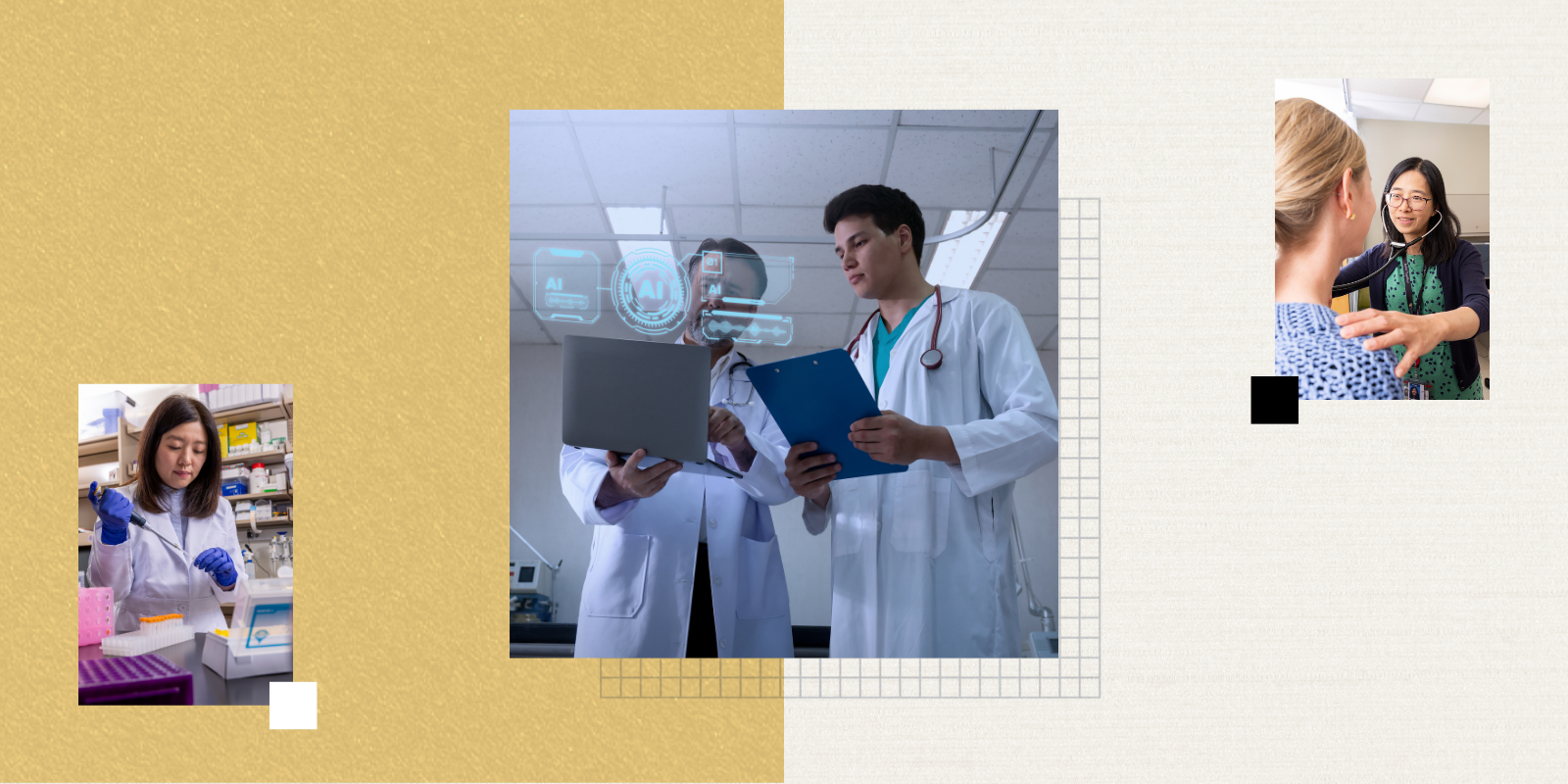 Images of doctors working with technology, patients, and research projects.