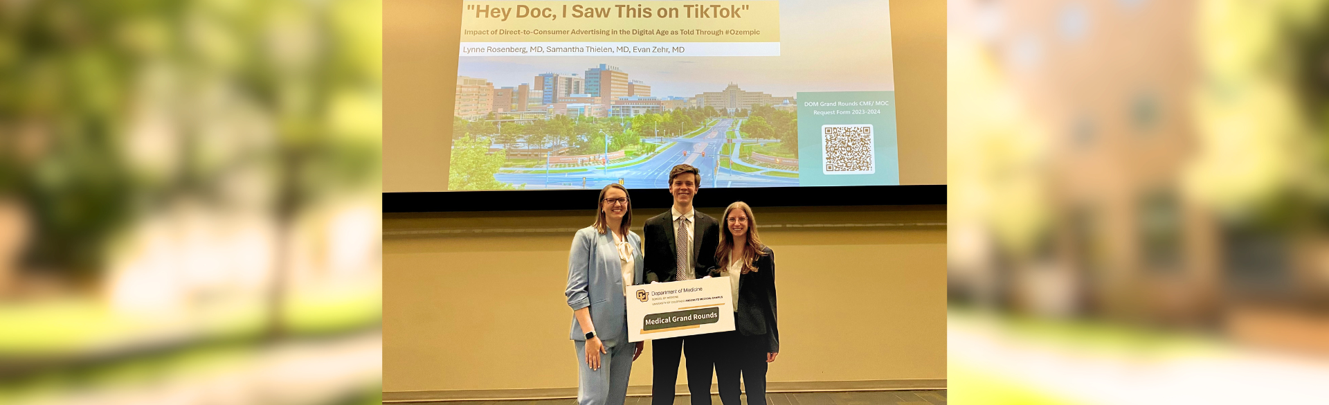 Image of three CU chief medical residents standing in front of their presentation, which says, "'Hey Doc, I Saw This on TikTok.' Impact of direct-toconsumer advertising in the digital age as told through #Ozempic." 