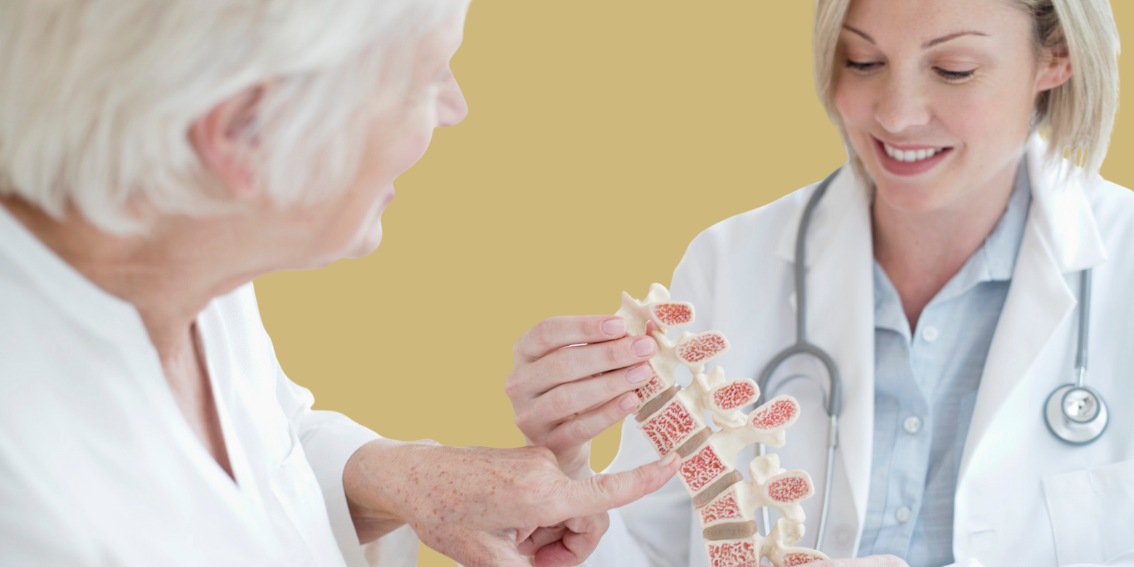 An older adult woman points to a spine model that a doctor is holding.