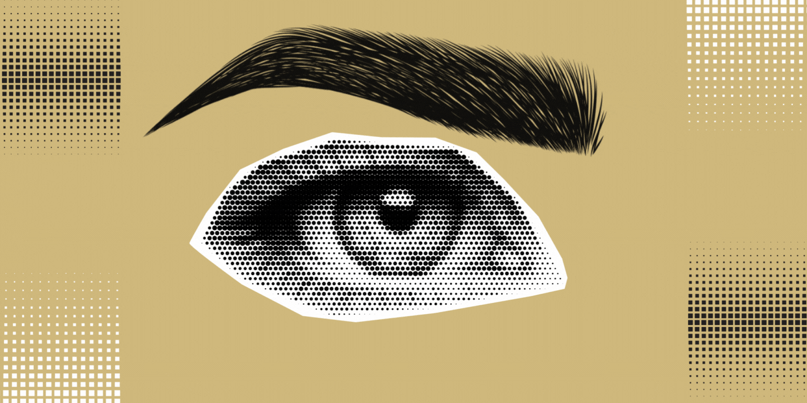 An animated drawn digital eyebrow raises up and down an eyeball.