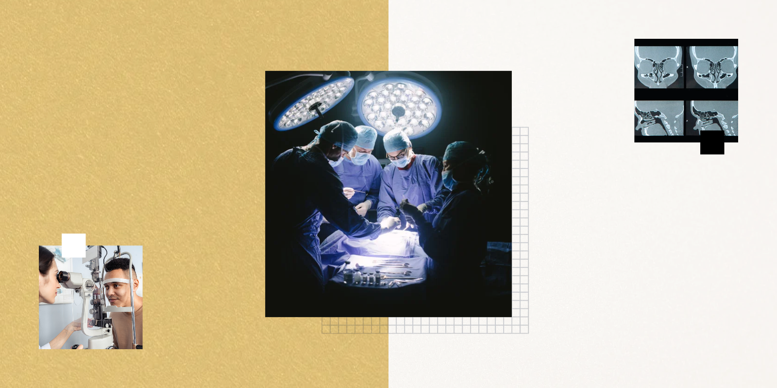 There are three images. In the image to the left, a man receives an eye exam. In the center image, surgeons prepare for a surgery in an operation room. The right image shows scans of a person's skull.