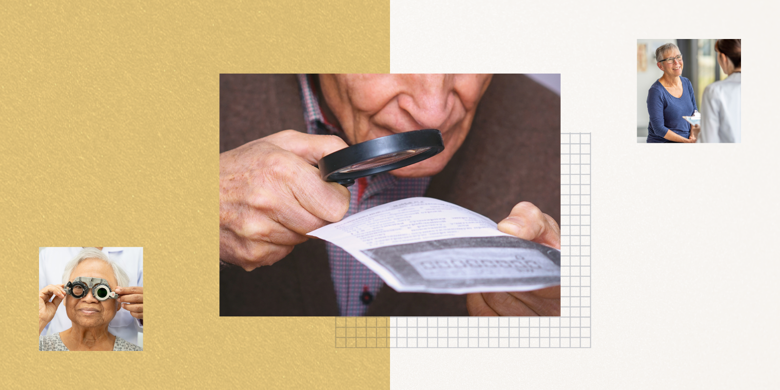 An older adult man uses a magnifying class to read a piece of paper. To the left, a woman gets her vision tested. To the right, an older adult woman smiles while talking to a health care provider.